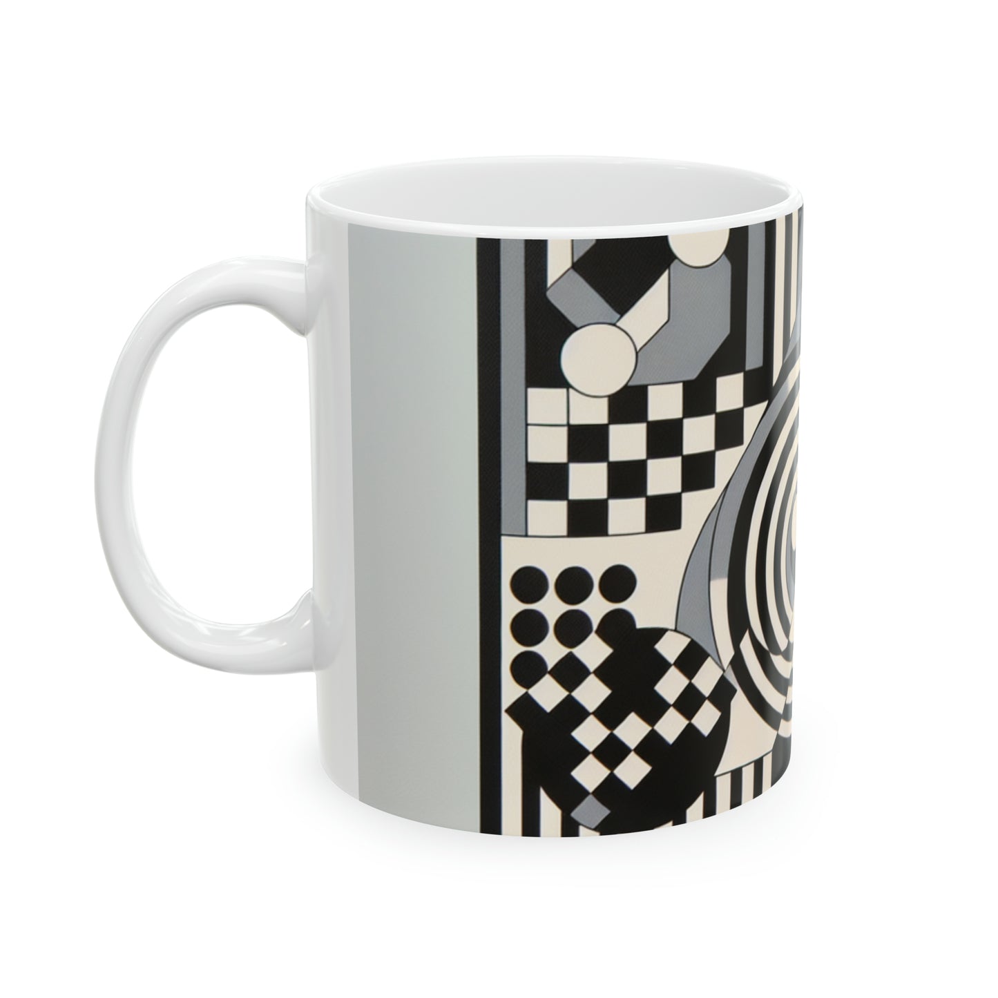 "Mesmerize: Geometría audaz del Op Art en blanco y negro" - Taza de cerámica The Alien de 11 oz Op Art