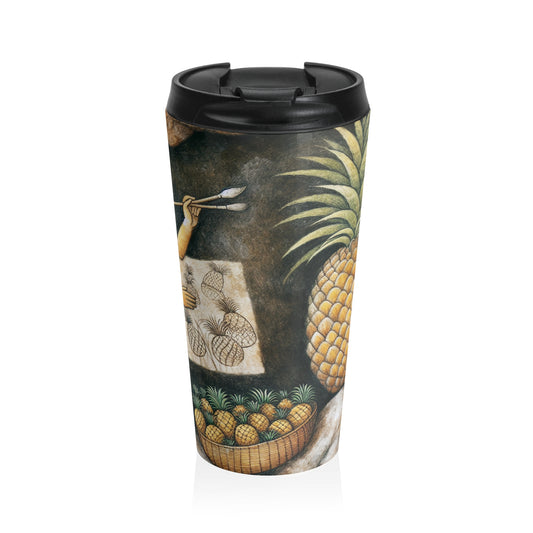 "Cosecha de piñas" - Taza de viaje de acero inoxidable alienígena estilo pintura rupestre