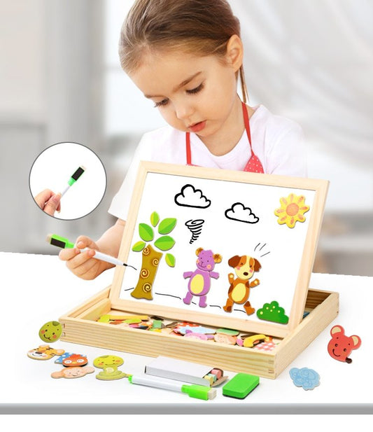 Rompecabezas magnético de madera para niños, caja con rompecabezas 3D, figura de animales, tablero para escribir y dibujar, juguetes educativos de aprendizaje para niños 