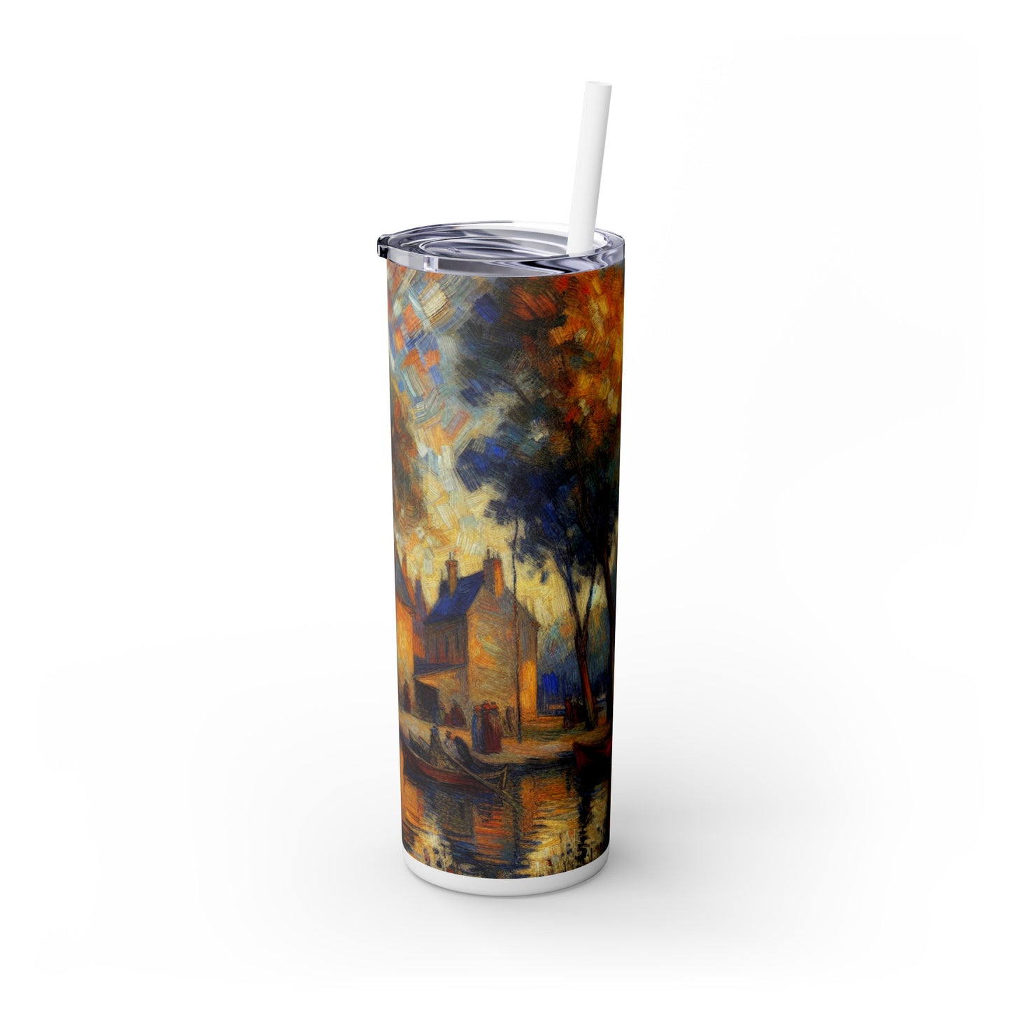 "Rainy Evening: A Post-Impressionist Cityscape" - The Alien Maars® Skinny Tumbler with Straw 20oz Post-Impressionism