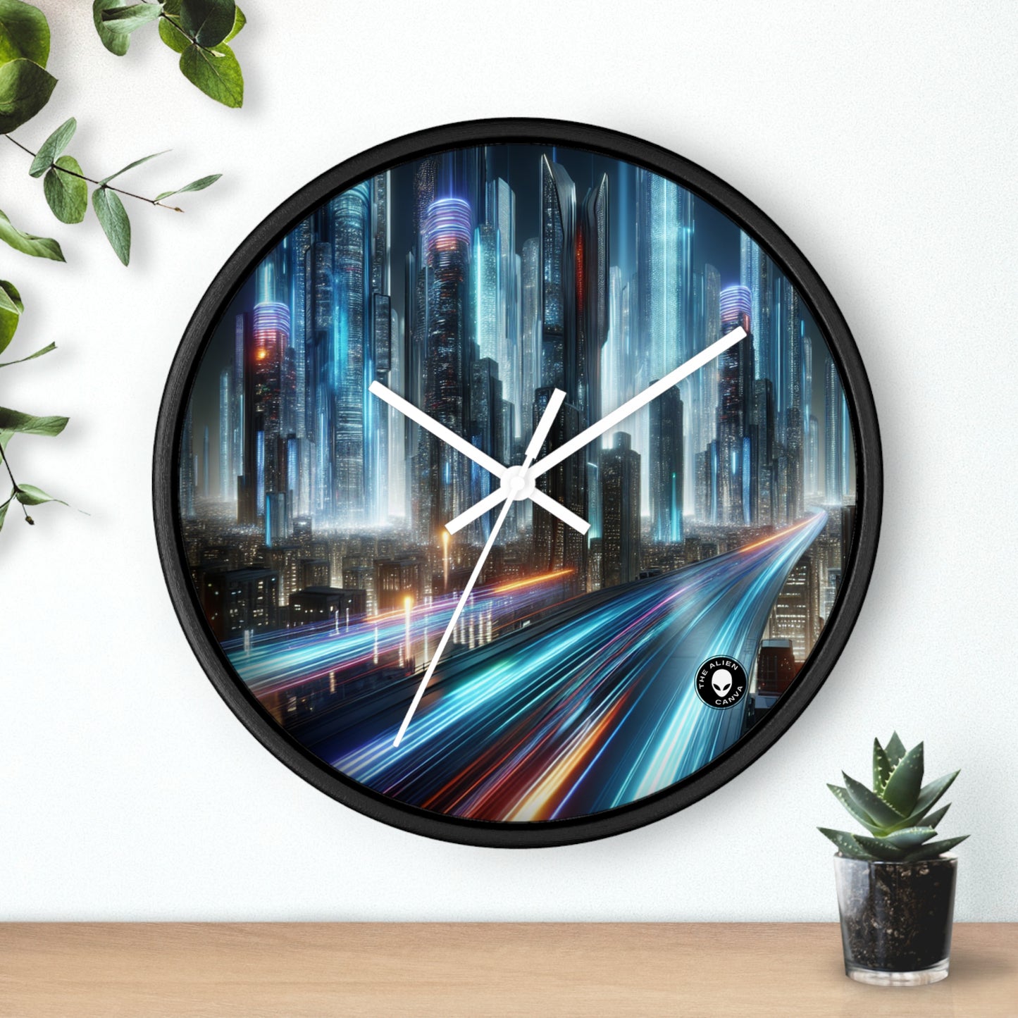 "Paisajes nocturnos de neón: una aventura urbana futurista" - El reloj de pared alienígena