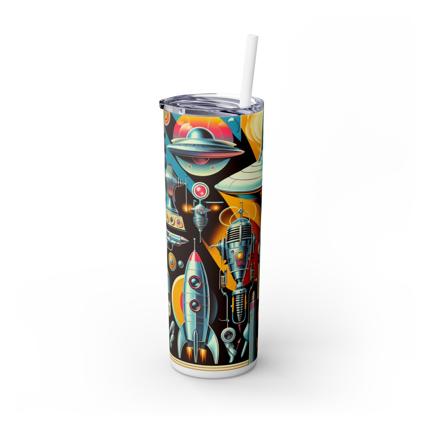 "Neon Deco: A Retro-Futuristic Utopia" - The Alien Maars® Skinny Tumbler with Straw 20oz Retro-futurism