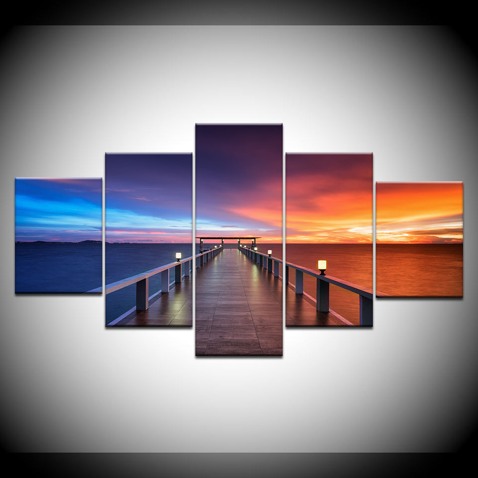 Print Wall Poster Home Decor Beautiful Sunset Bridge Nature Landscape Painting Lake Pictures