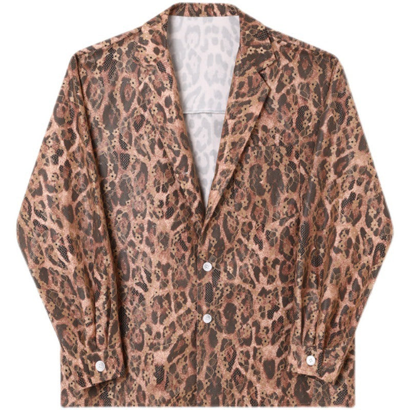 camisa de cuello de traje con estampado de leopardo de malla de encaje solapa de hombre