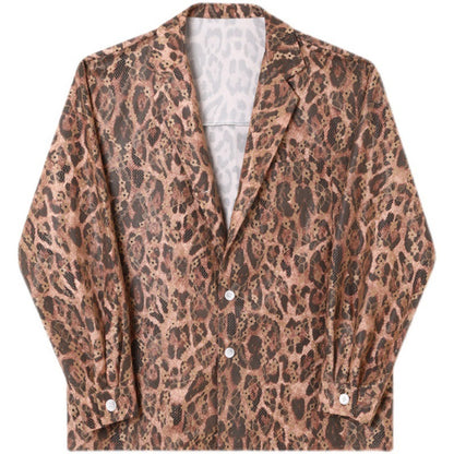 camisa de cuello de traje con estampado de leopardo de malla de encaje solapa de hombre