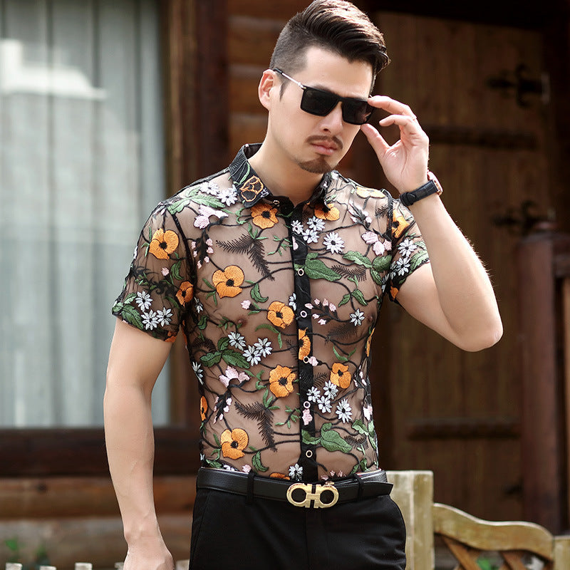 Men's Short-sleeved Floral Thin Hollow Non-iron Ice Silk Shirt