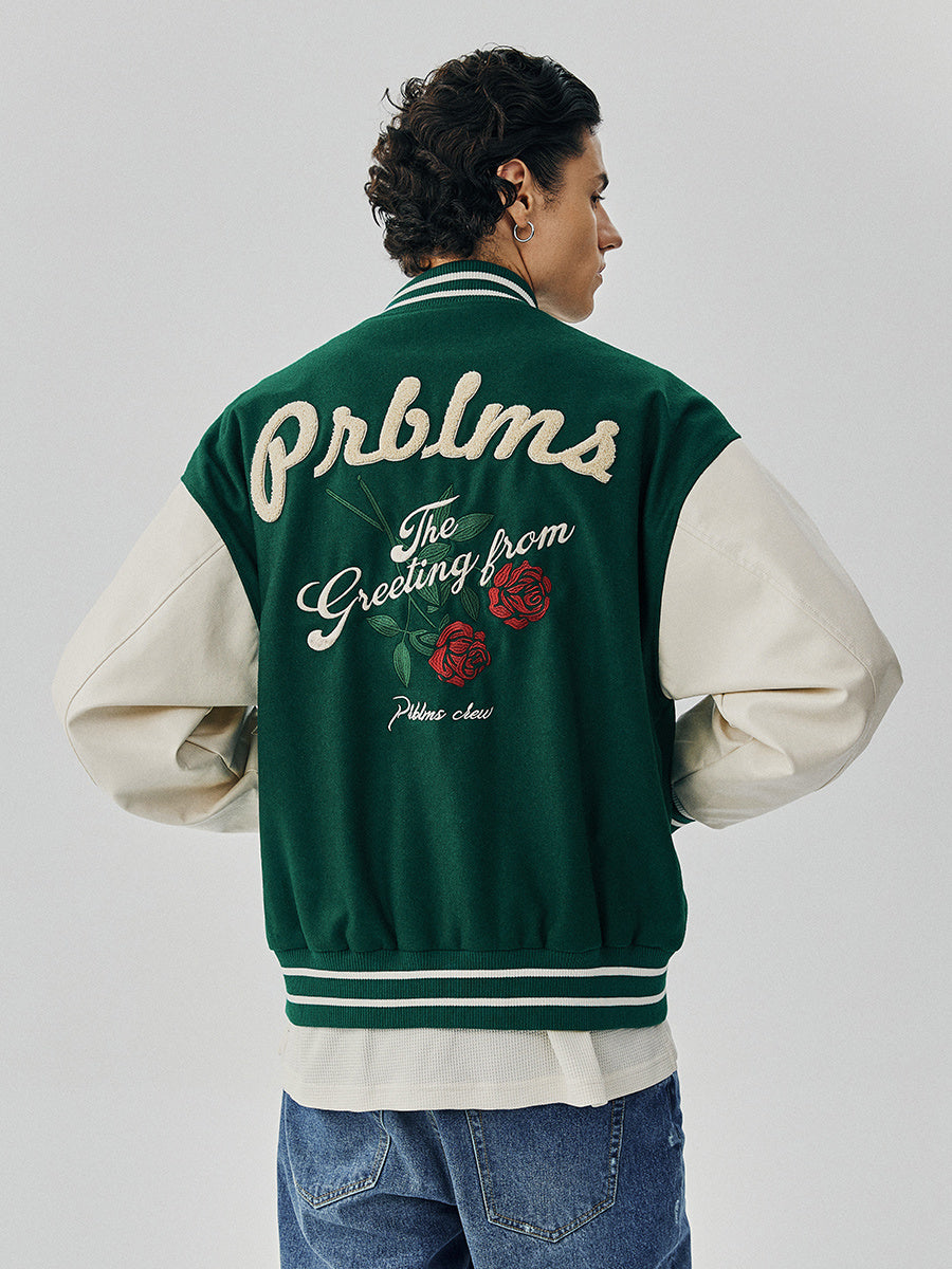 Chaqueta holgada de uniforme de béisbol con bordado de rosas