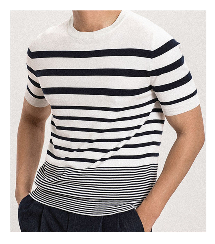 Men's Short-sleeved Polo Shirt Retro Gradient Striped Knitted T-shirt