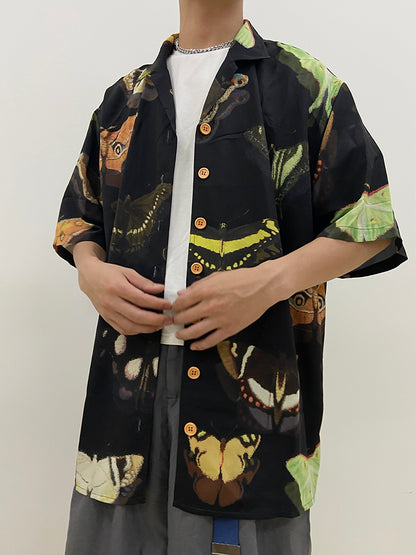 Camisa hawaiana de manga corta estampada negra