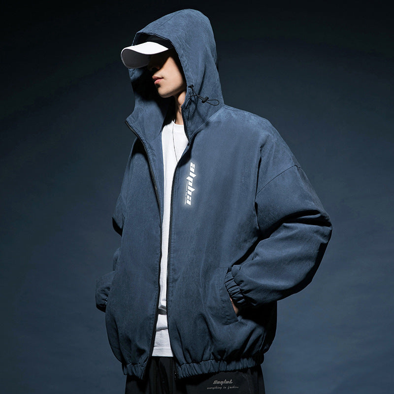 Suede Reflective Hot Stamping Printed Hooded Jacket