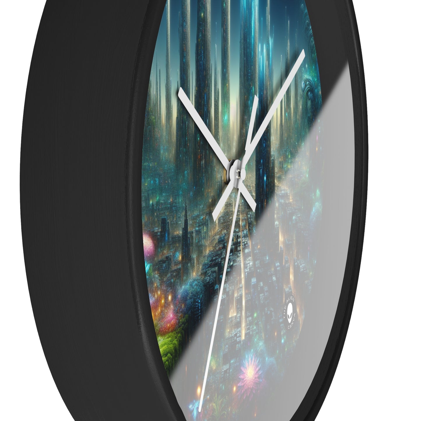 « Neon Oasis : un pays des merveilles urbain futuriste » – L'horloge murale Alien