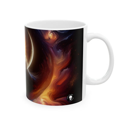 "Abrazo celestial: la fusión del sol y la luna" - Taza de cerámica alienígena de 11 oz