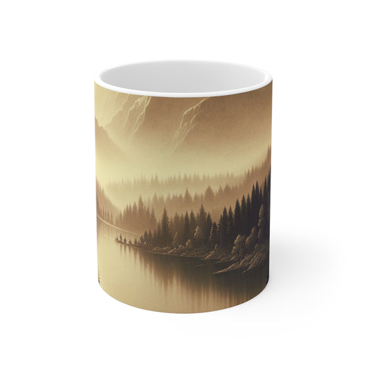 "Amanecer en el lago: una mañana de montaña brumosa" - Taza de cerámica alienígena estilo tonalismo de 11 oz