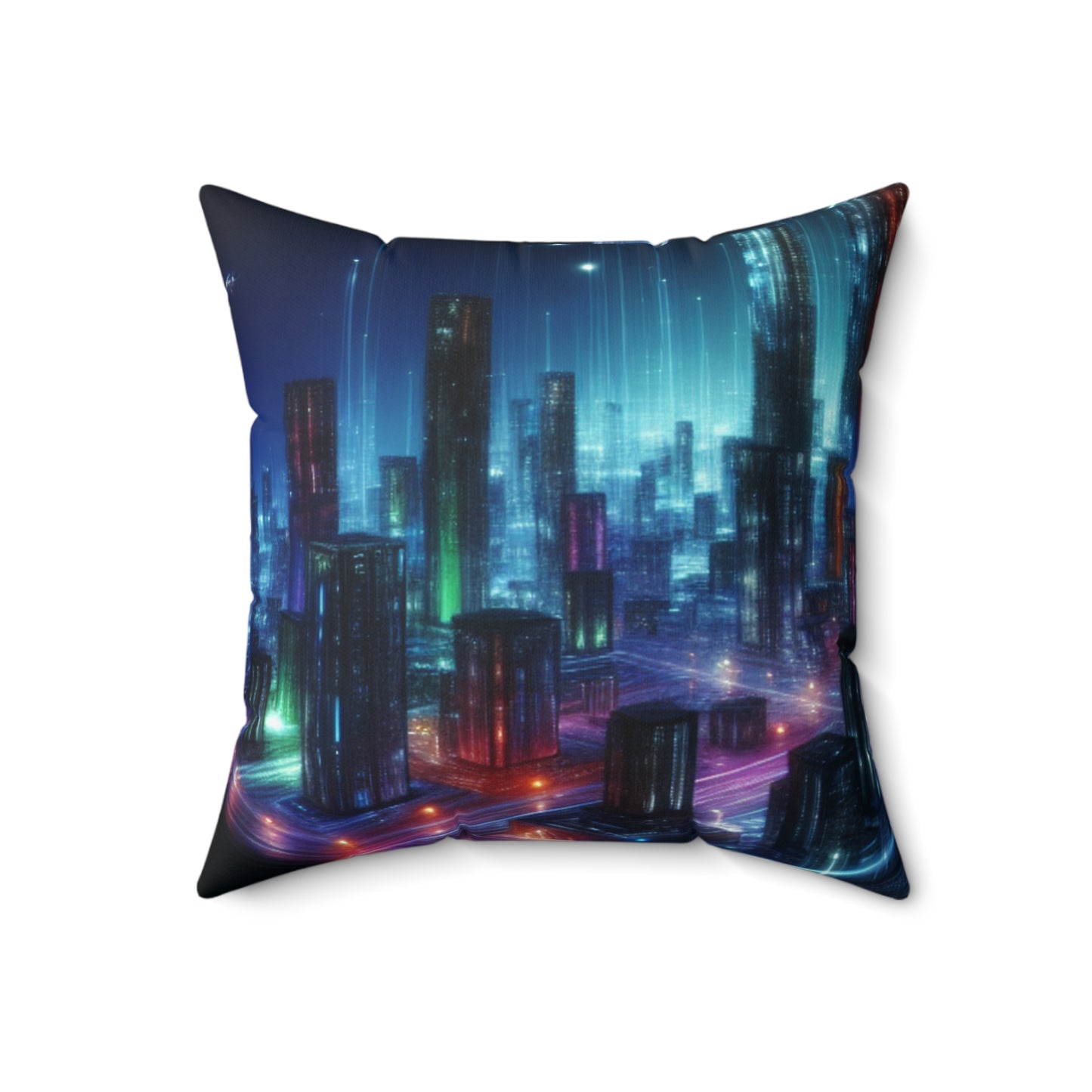 "Neon Skyline: un paisaje urbano futurista": almohada cuadrada de poliéster hilado de Alien