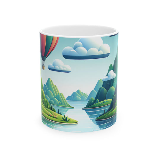 "Tranquil Skies: Hot Air Balloon Adventure" - Taza de cerámica extraterrestre de 11 oz