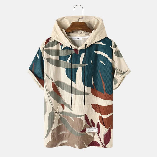 Camiseta con capucha de manga corta informal de pana con estampado de plantas tropicales para hombre de primavera y verano