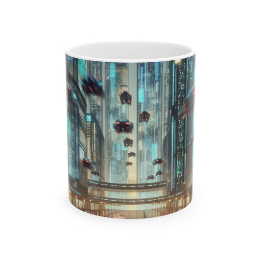 Pluie de néon : un paysage urbain futuriste - Tasse en céramique Alien 11 oz