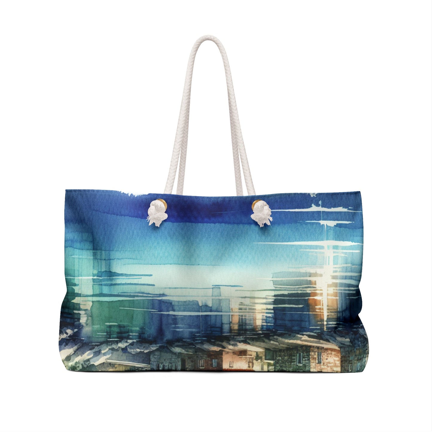 "Glimpse of a Seaside Haven" - The Alien Weekender Bag Watercolor Painting Style