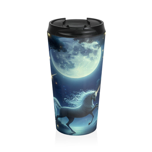 "Bosque encantado iluminado por la luna": taza de viaje de acero inoxidable de The Alien