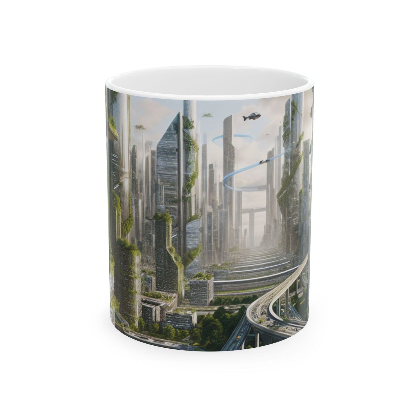 "La recuperación de la naturaleza: un paisaje urbano futurista" - Taza de cerámica alienígena de 11 oz