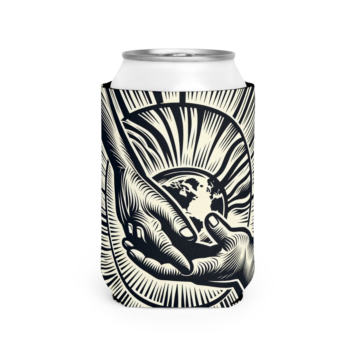 "Uniting Hands, Uniting Nations" - The Alien Can Cooler Sleeve Woodcut Printing Style