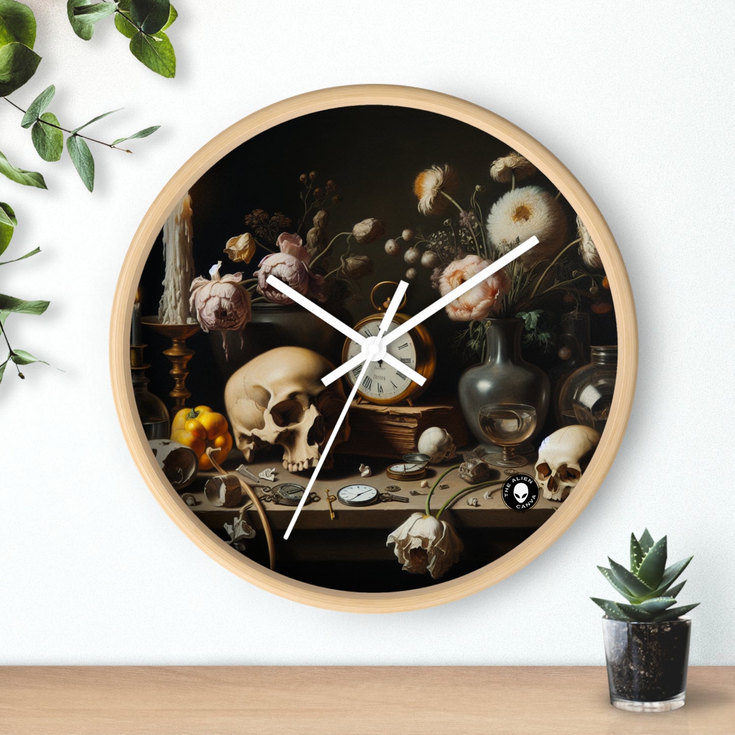 "Decadencia digital: una Vanitas contemporánea que examina el consumismo en el siglo XXI" - The Alien Wall Clock Vanitas Painting