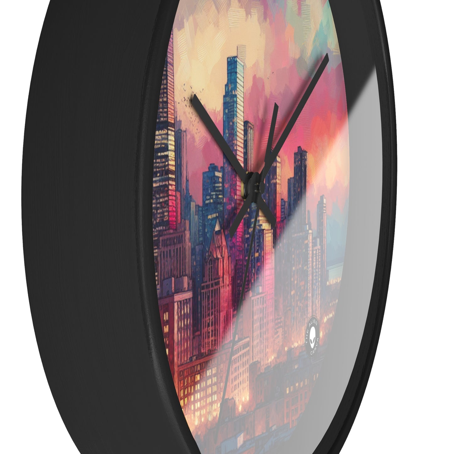 "Dusky Reflections: City Skyline at Sunset" - The Alien Wall Clock