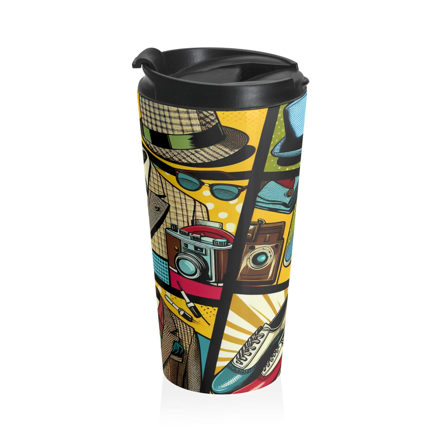 "Pop Art Apparel: Un collage de style vintage" - La tasse de voyage Alien en acier inoxydable de style pop art