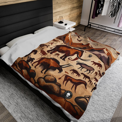 Title: "Ancient Encounter: The Battle of Giants" - The Alien Velveteen Plush Blanket Cave Painting