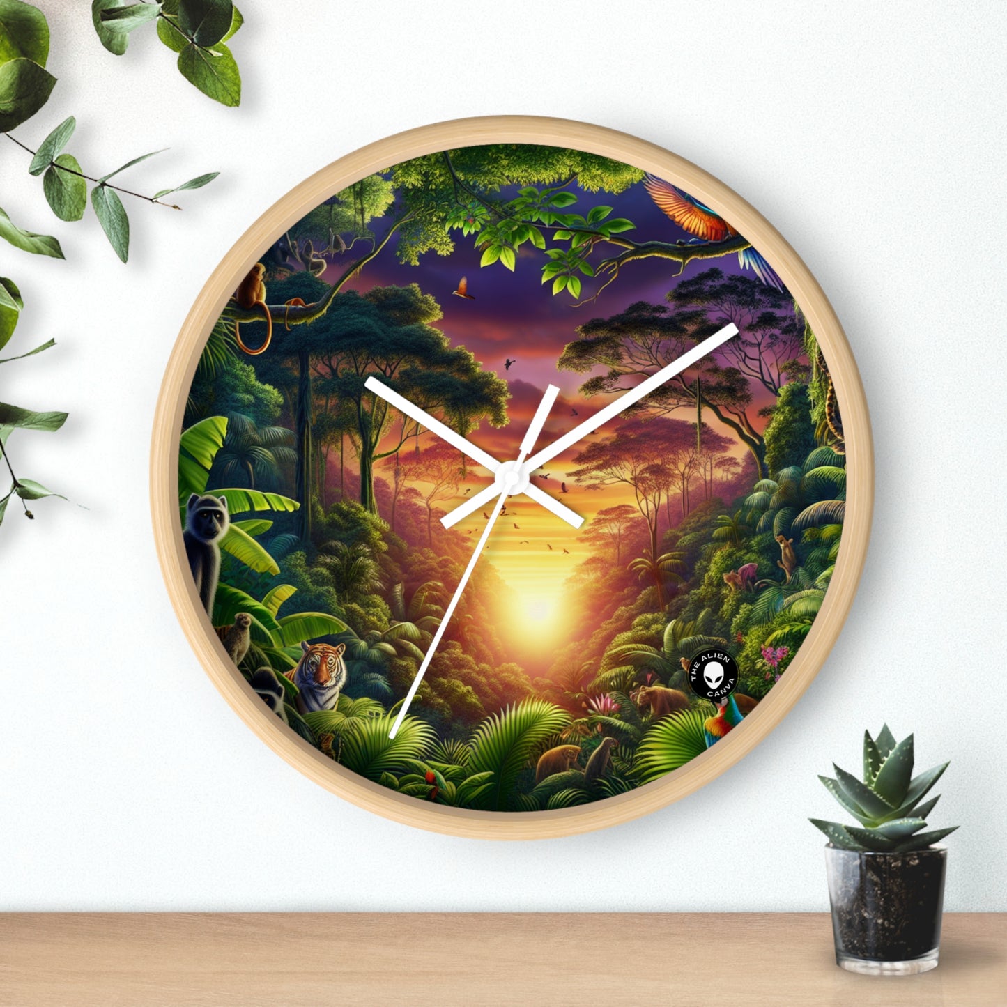 "Atardecer en la jungla: un encuentro salvaje" - El reloj de pared alienígena