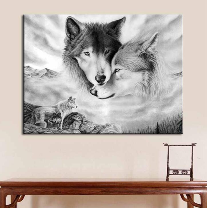 Póster moderno con estampado de lobo blanco y negro, pintura en lienzo