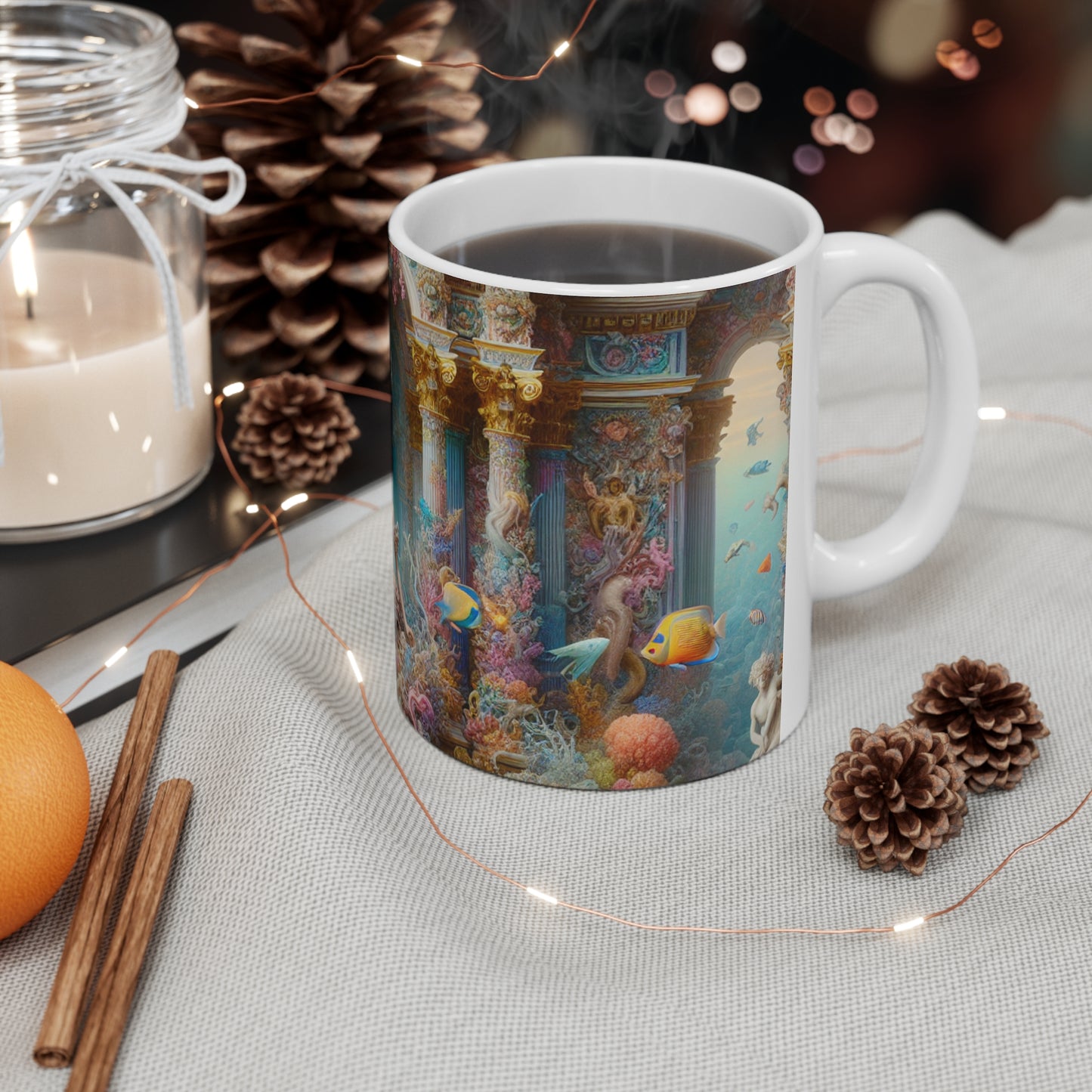 "Underwater Splendor: A Rococo Mermaid Palace" - The Alien Ceramic Mug 11oz Rococo Style