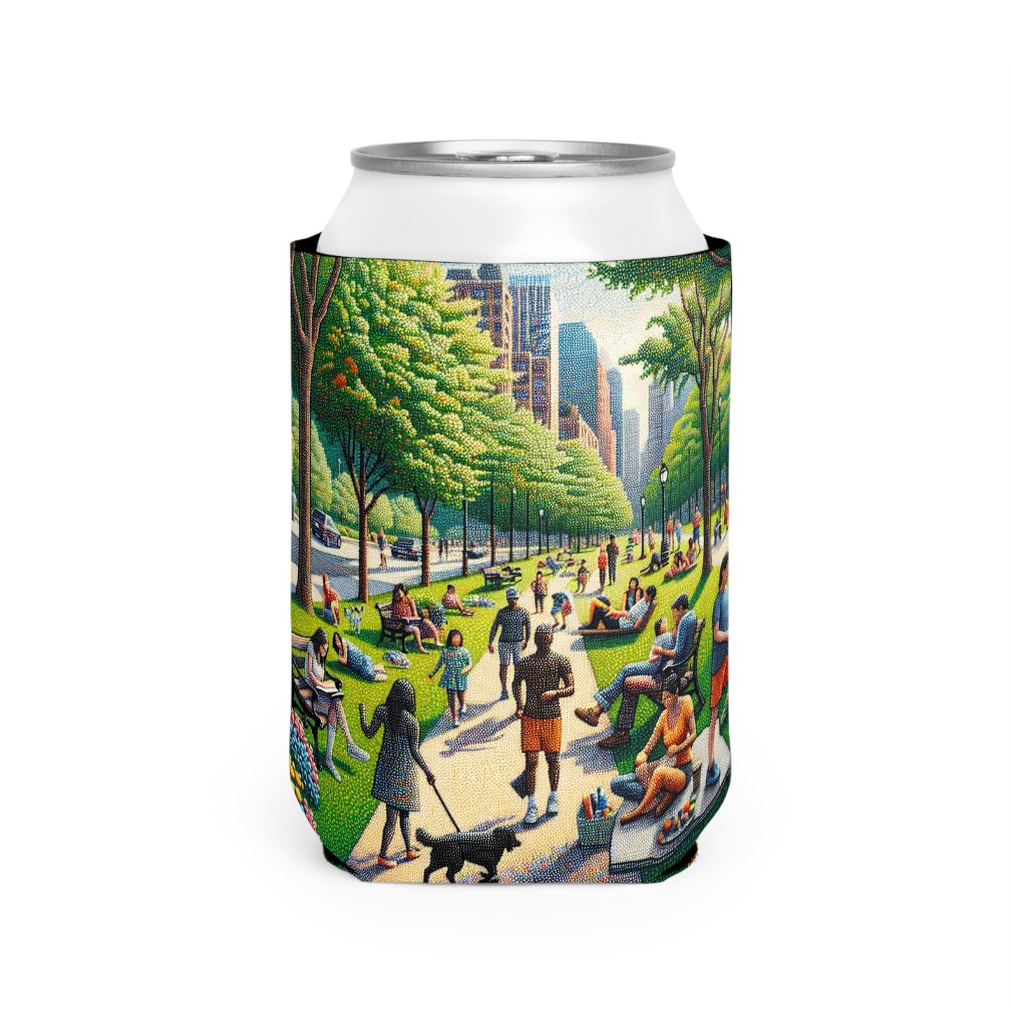 "Dotty Cityscape" - The Alien Can Cooler Sleeve Pointillism Style