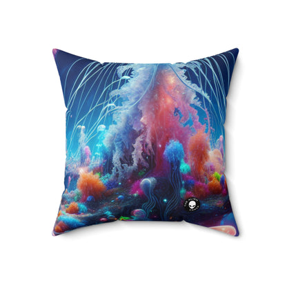 "Neon Jellyfish Fantasia: A Surreal Underwater Odyssey"- The Alien Spun Polyester Square Pillow