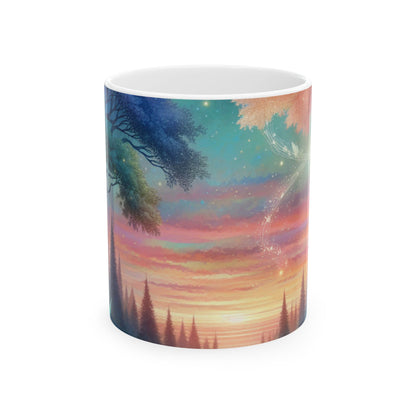 "Atardecer encantado: una pintura de un bosque mágico" - Taza de cerámica alienígena de 11 oz