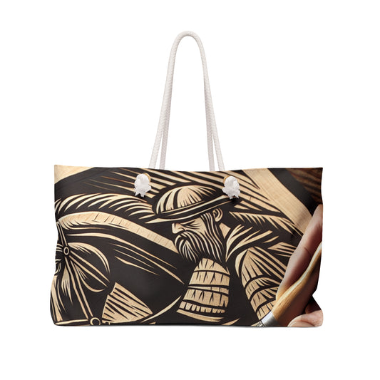 "Enchanting Shadows: A Woodcut Print of the Dancing Northern Lights" - The Alien Weekender Bag Woodcut Printing