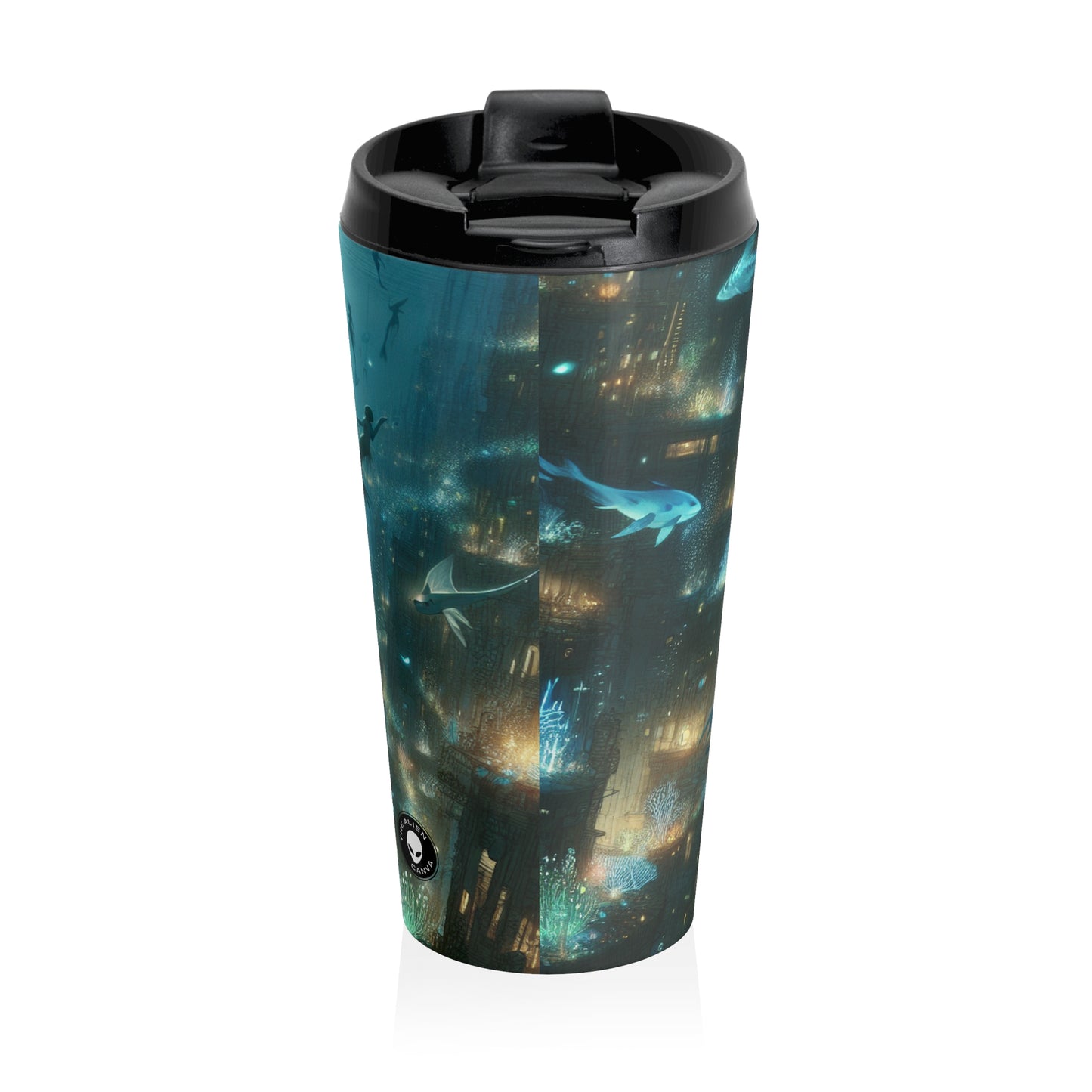 "Enchantment Below: A Bioluminescent Underwater Metropolis" - The Alien Stainless Steel Travel Mug