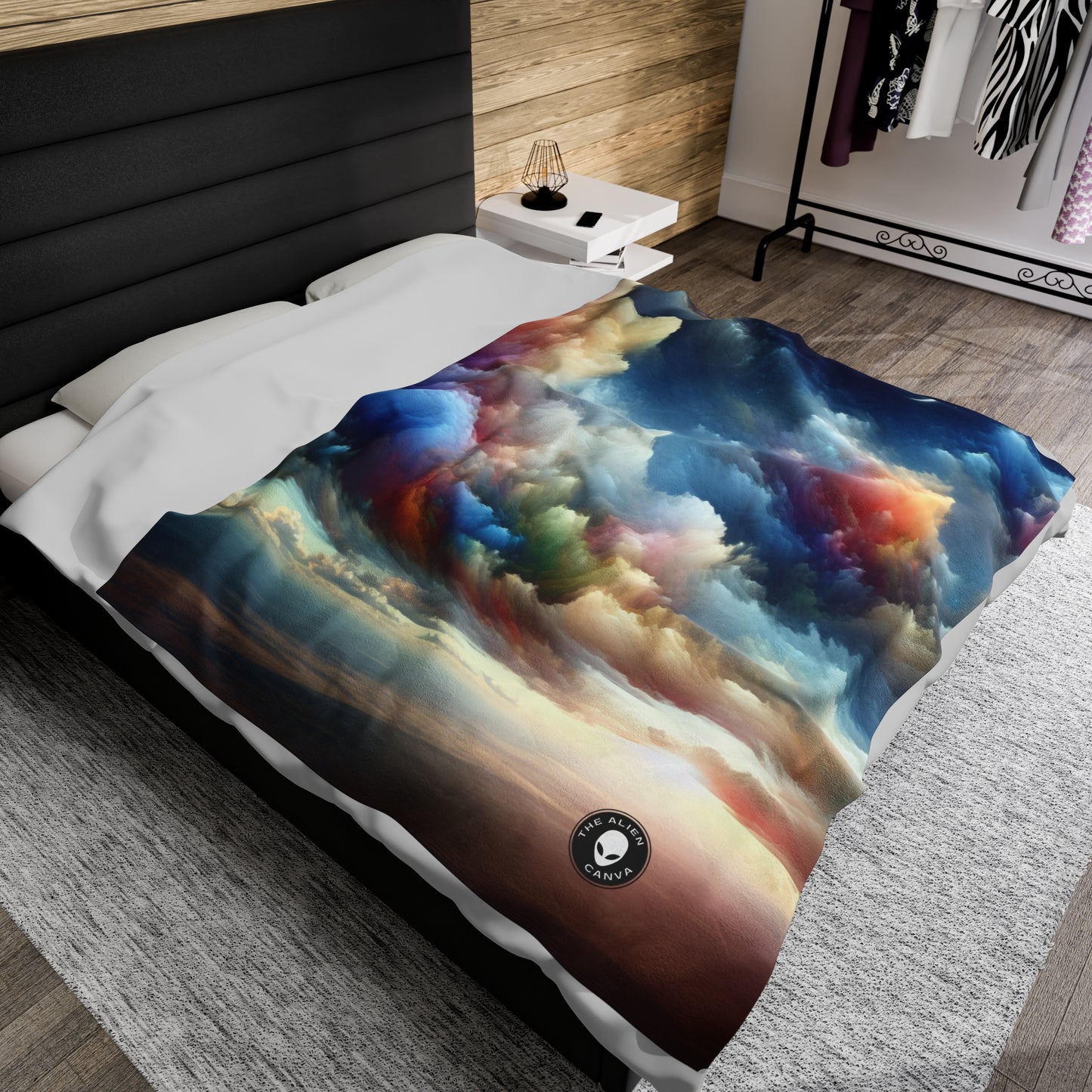 "Rainbow Cloudscape : Un rêve d'aquarelle surréaliste" - La couverture en peluche Alien Velveteen