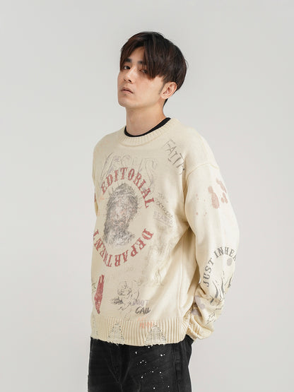 Pull ample imprimé, pull en tricot tendance nationale pour hommes et femmes