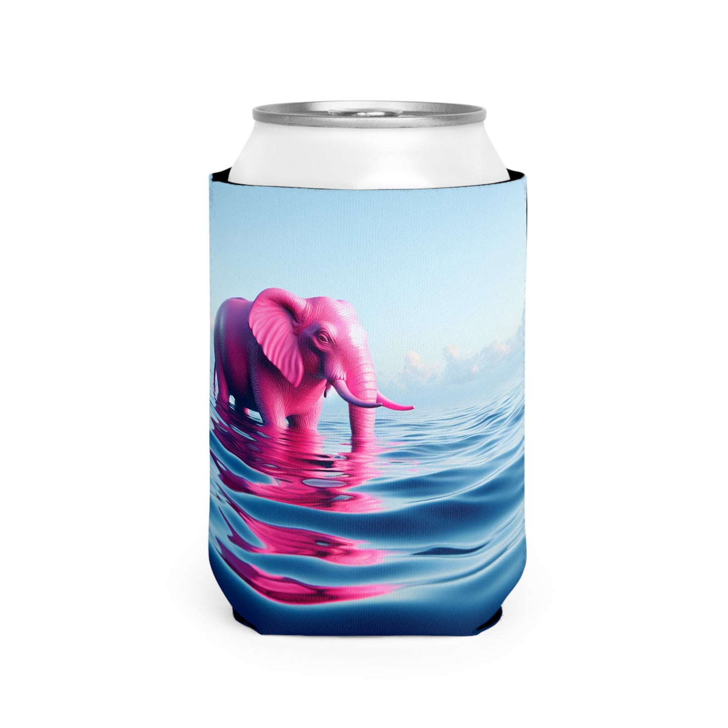 "L'éléphant rose dans la mer d'un bleu profond" - The Alien Can Cooler Sleeve Un éléphant rose flottant dans l'océan