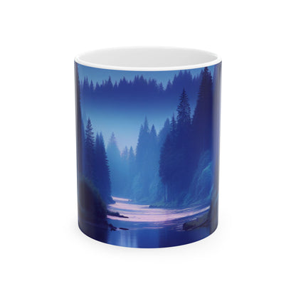 "Tranquilidad Crepuscular: Reflejos del río en el bosque" - Taza de cerámica The Alien de 11 oz