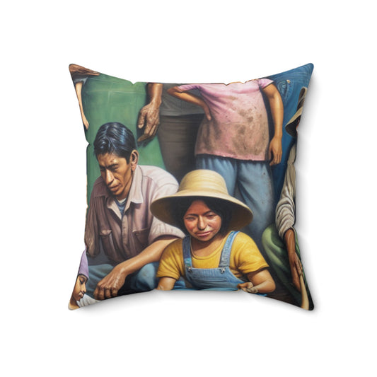"Reaping Hope: A Migrant Family in the Garden" - The Alien Spun Polyester Square Pillow Social Realism Style