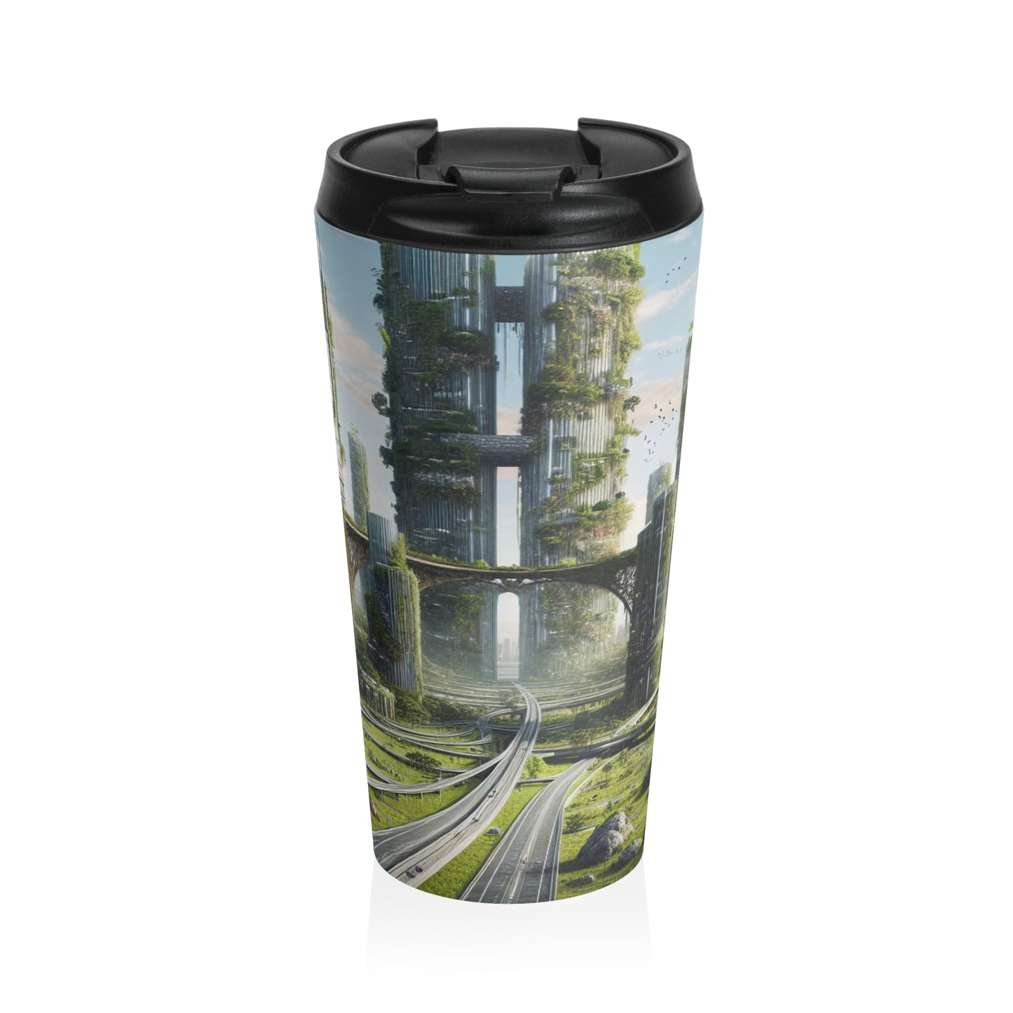 "Nature's Reclamation: A Futuristic Cityscape" - The Alien Stainless Steel Travel Mug