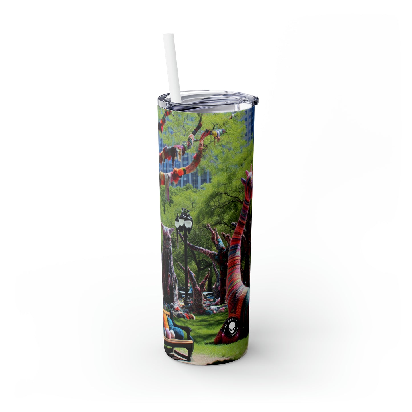 Titre : « Yarnscaped City : A Whimsical Fiber Art Fusion » - The Alien Maars® Skinny Tumbler avec paille 20oz Yarn Bombing (Fiber Art)