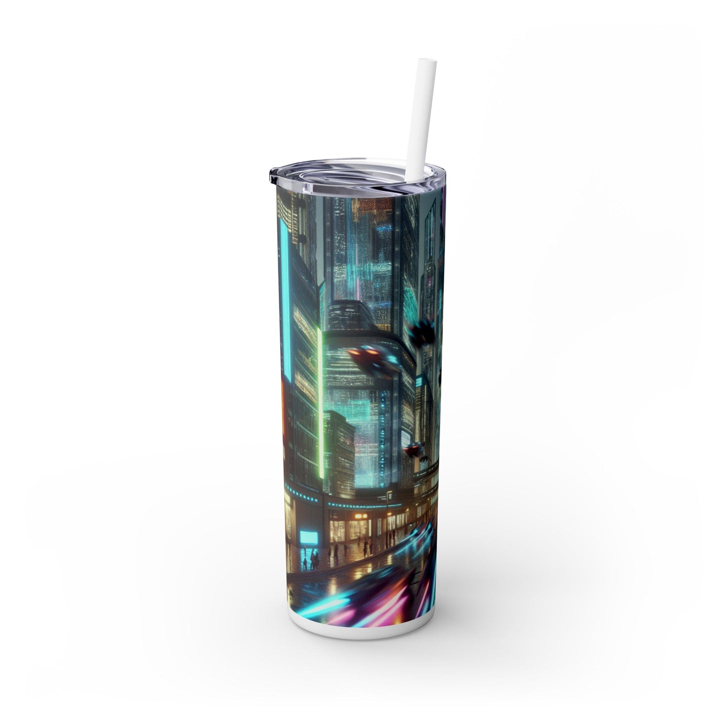 Neon Rain: A Futuristic Cityscape - The Alien Maars® Skinny Tumbler with Straw 20oz