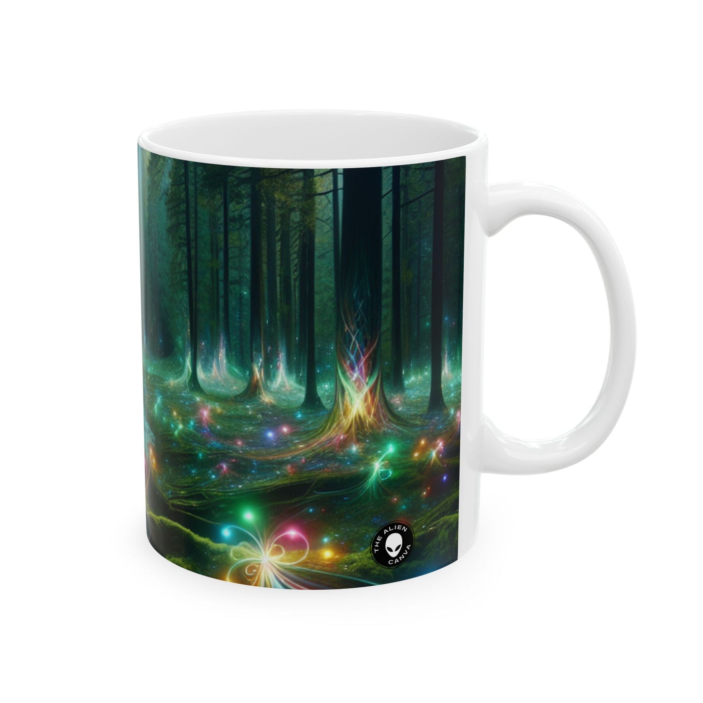 - Bosque encantado de cristales: un tapiz de luz - Taza de cerámica alienígena de 11 oz