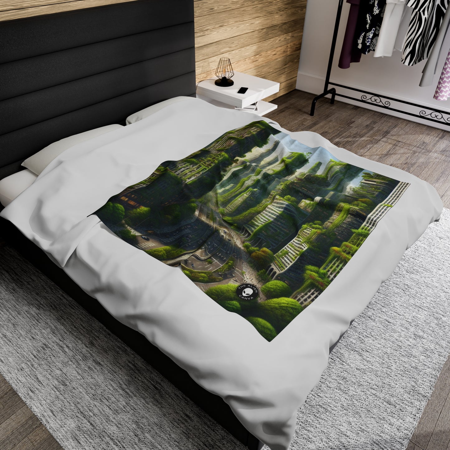 "Nature's Resurgence: A Futuristic Cityscape" - The Alien Velveteen Plush Blanket