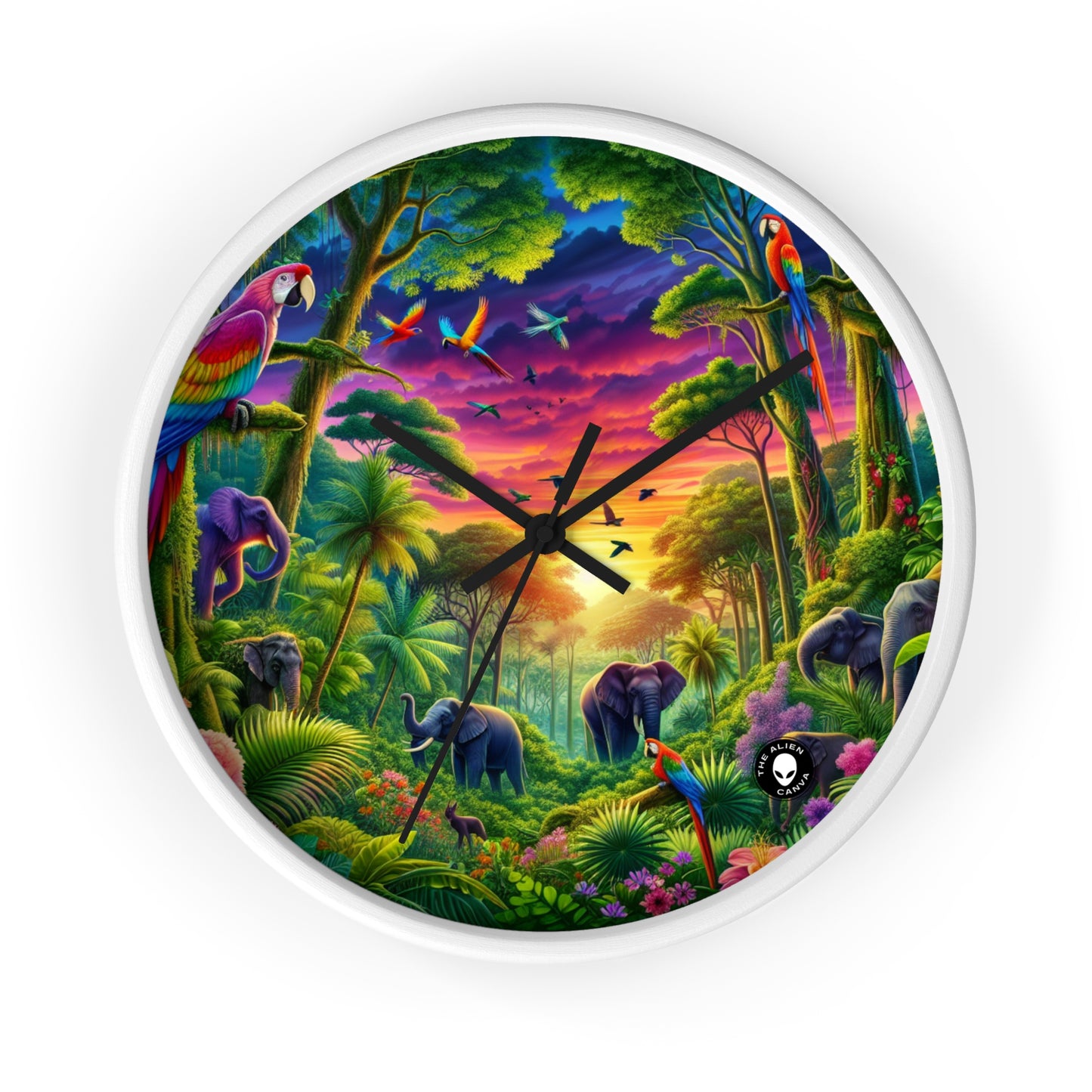 « Coucher de soleil dans la nature : une aventure dans la jungle arc-en-ciel » – L'horloge murale Alien