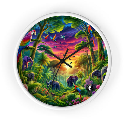 « Coucher de soleil dans la nature : une aventure dans la jungle arc-en-ciel » – L'horloge murale Alien