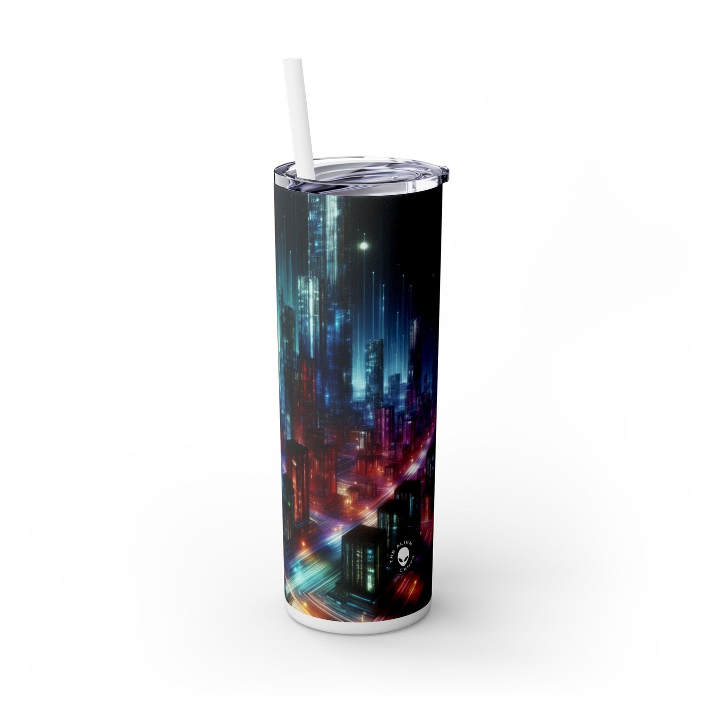 "Neon Skyline: un paisaje urbano futurista" - Vaso delgado con pajita de 20 oz de Alien Maars®